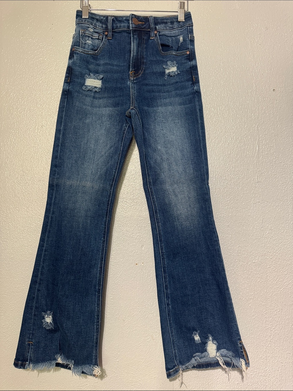 Risen Jeans Distressed High Waisted Flare Raw Frayed Shadow Hem 0/24
